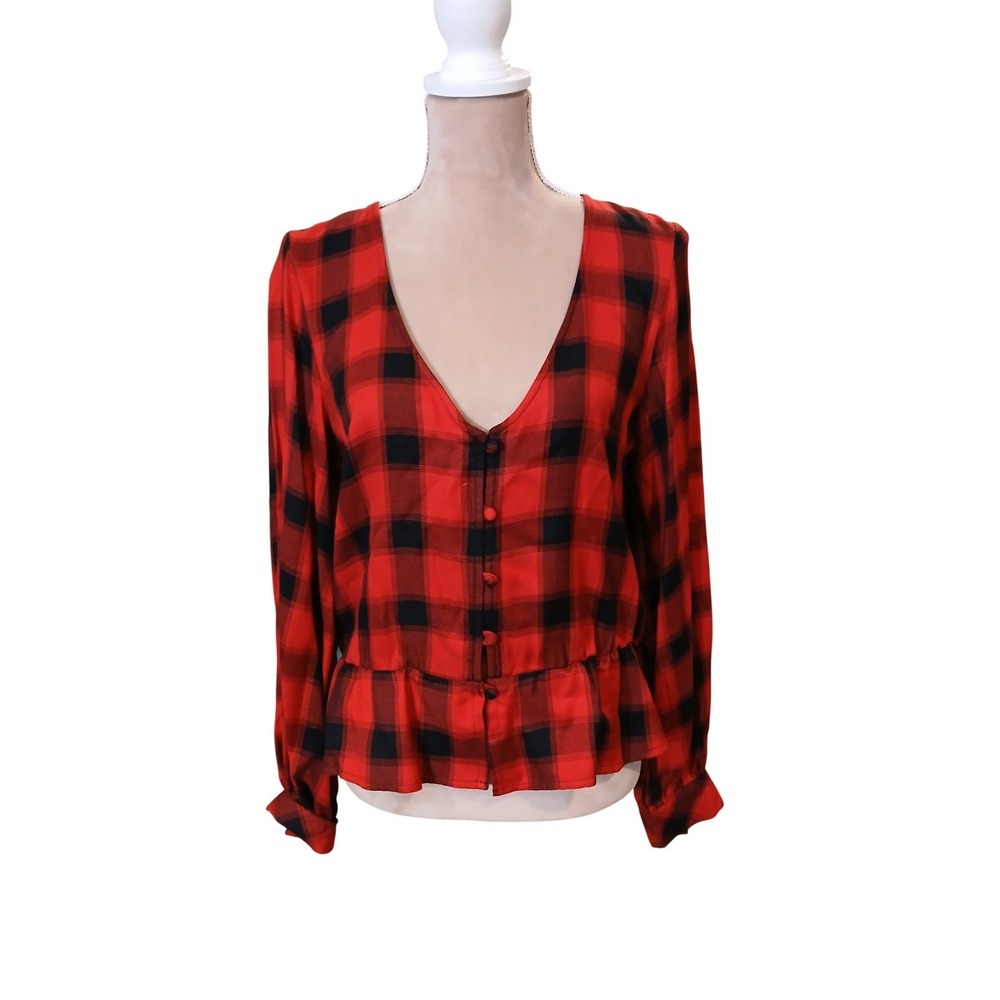 Sanctuary Red Black Buffalo Plaid Peplum Button Up Long Sleeve Shirt Women's S